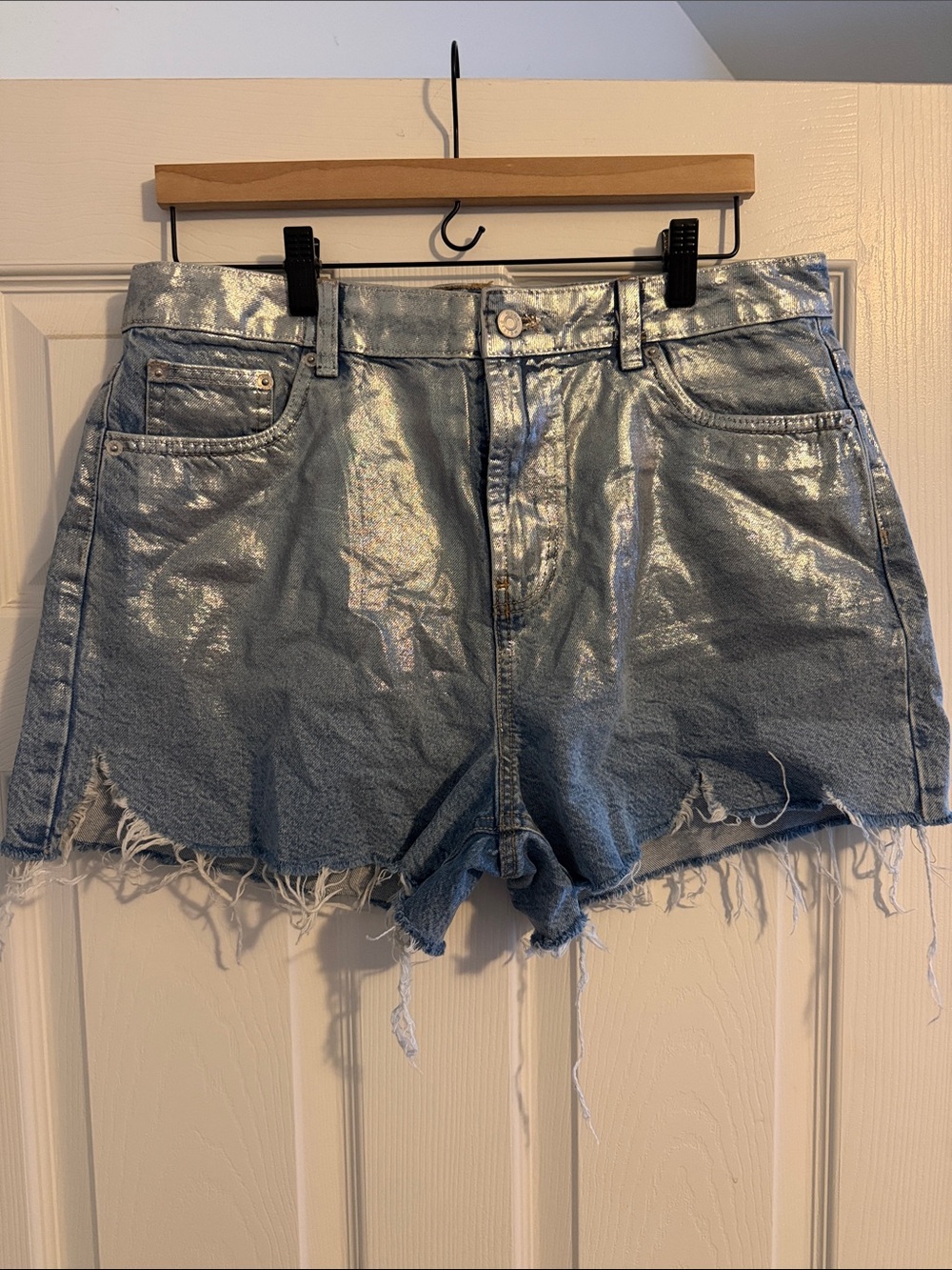 ASOS DESIGN denim metallic relaxed shorts in silver blue